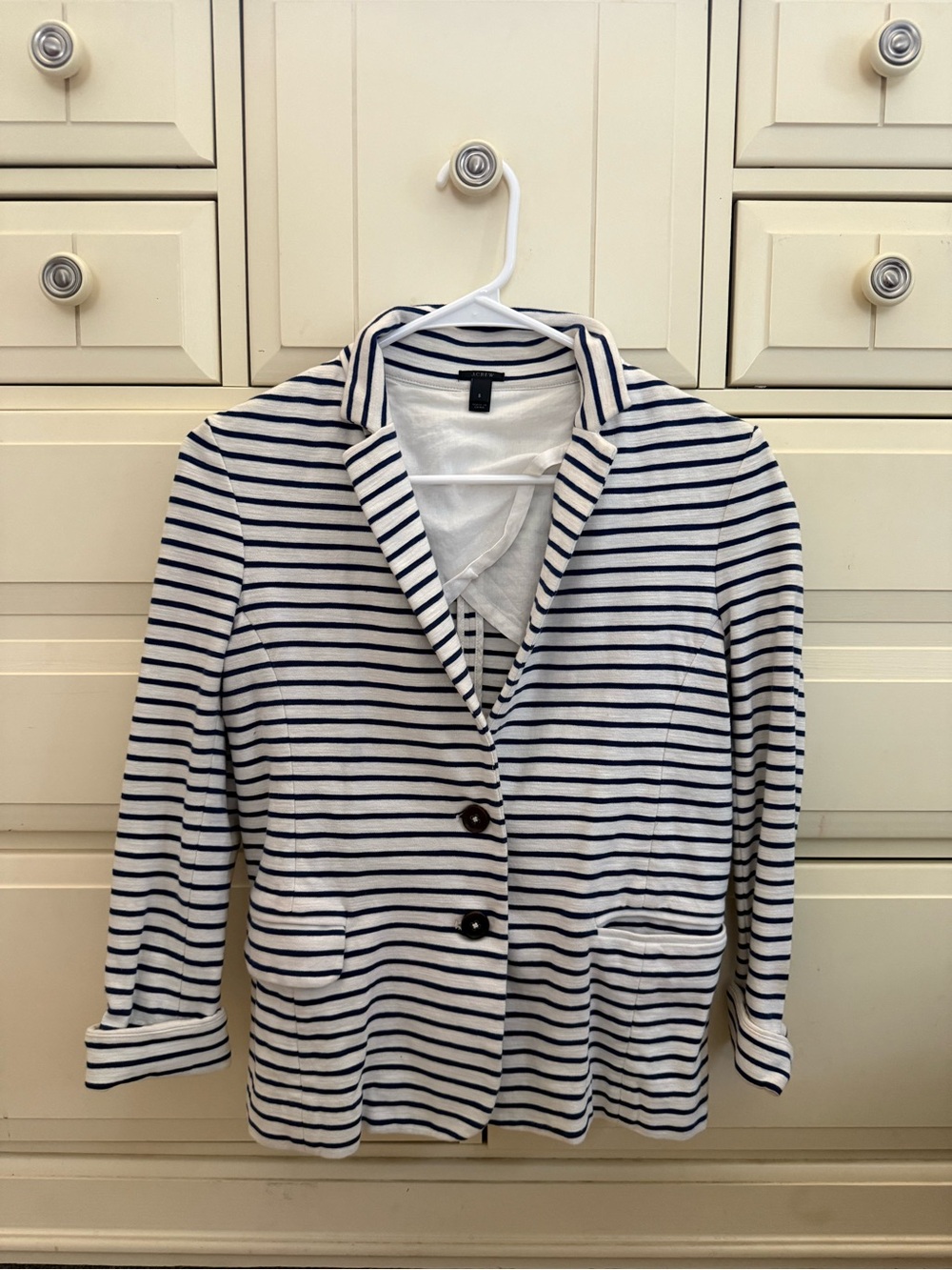 J. Crew White and Navy Striped Button-Front Knit Blazer